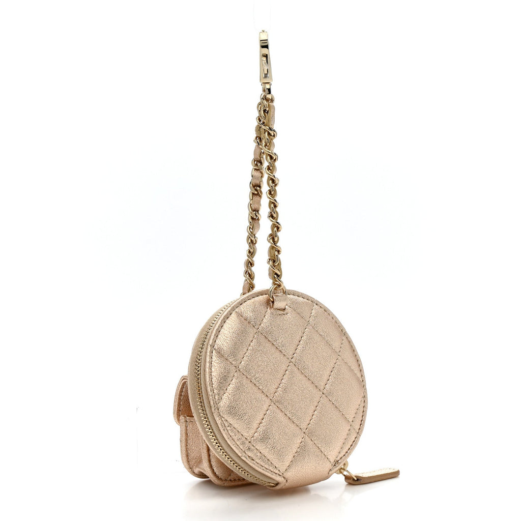 Metallic Lambskin Quilted Round Clip On Coin Purse Airpods Case Gold