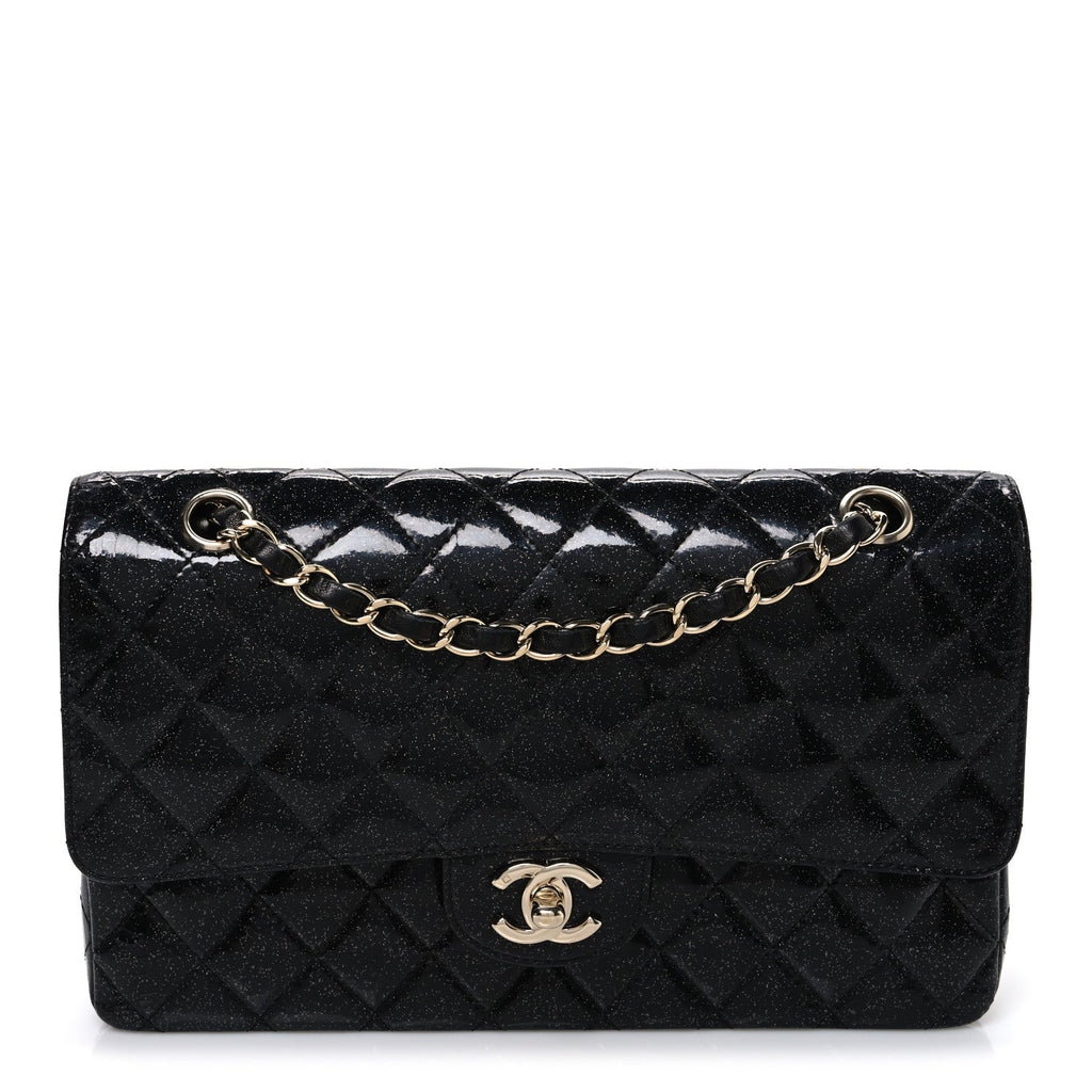 Chanel Patent Quilted Sparkle Glitter Medium Double Flap Black