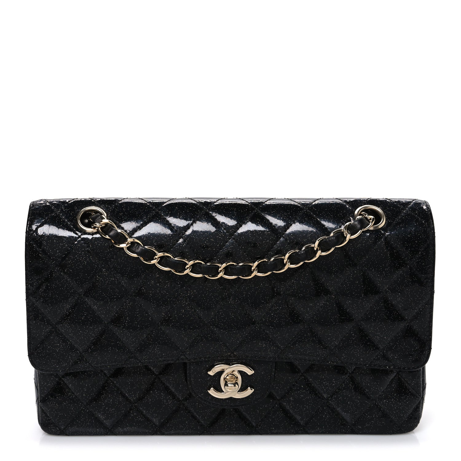 Chanel Patent Quilted Sparkle Glitter Medium Double Flap Black