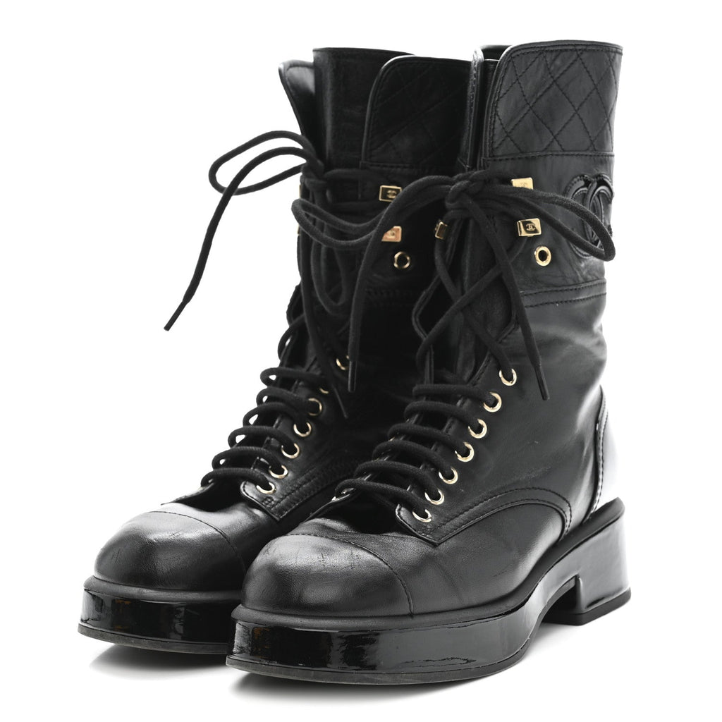 Lambskin Patent Calfskin Quilted CC Lace Up Combat Boots 37 Black