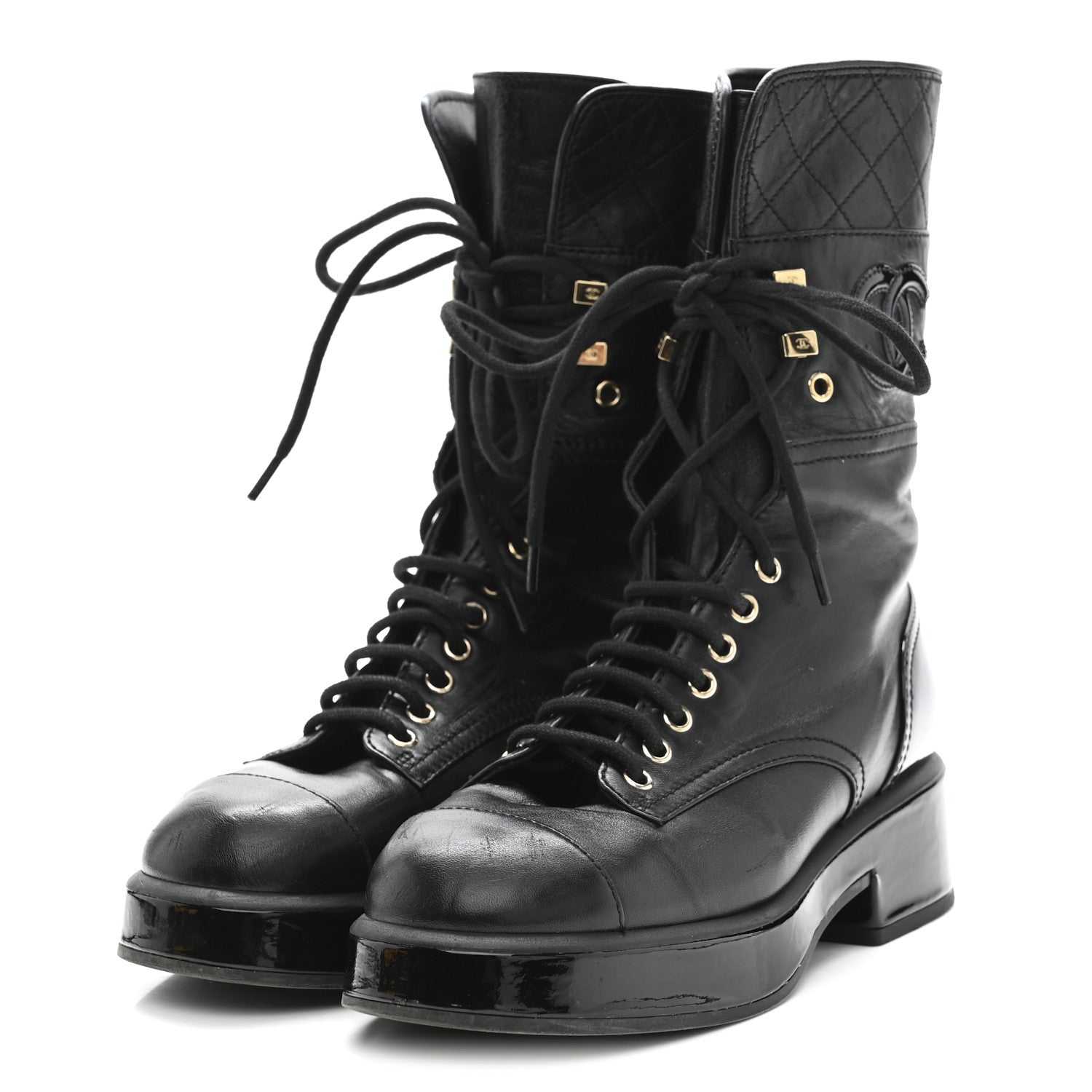Lambskin Patent Calfskin Quilted CC Lace Up Combat Boots 37 Black
