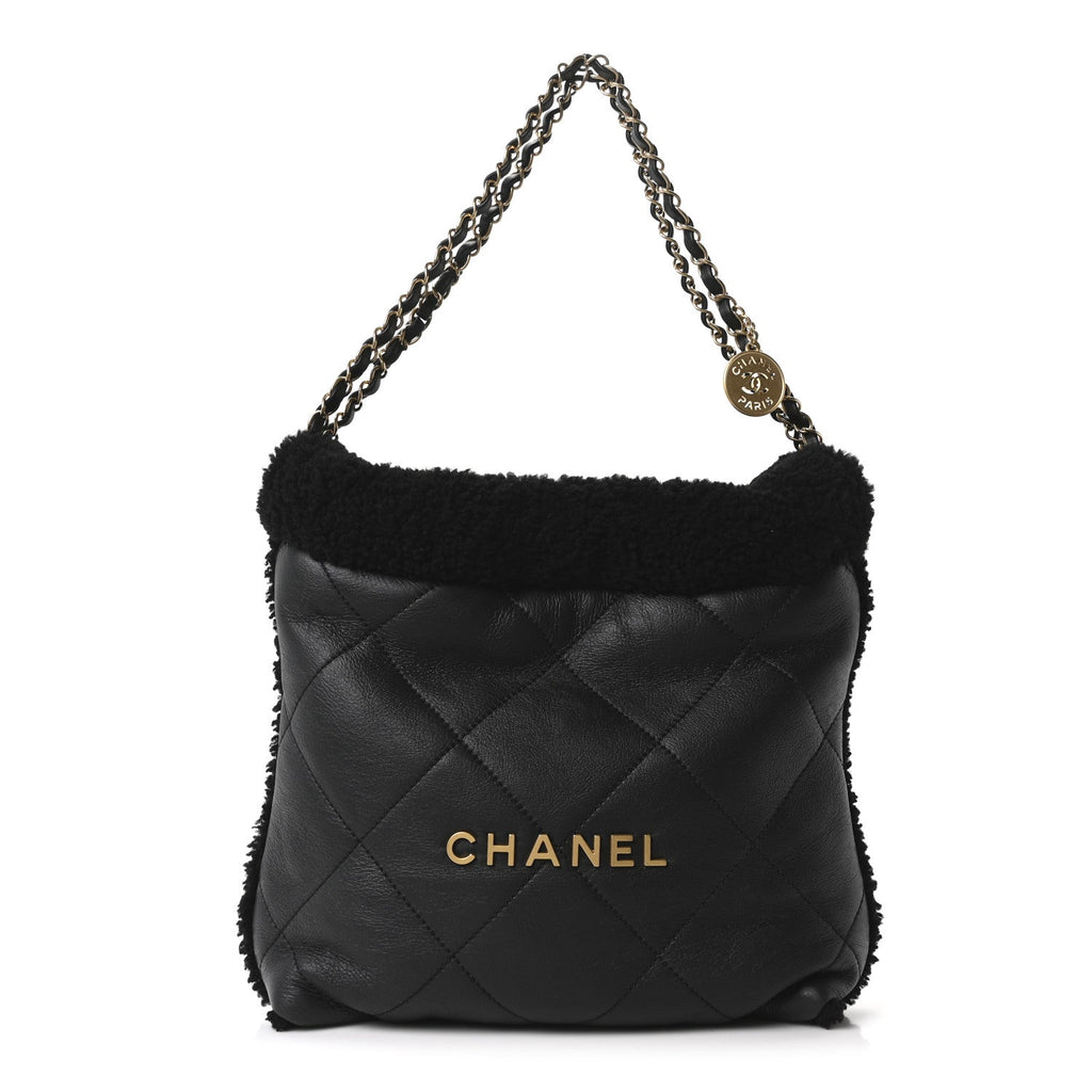 Chanel Aged Lambskin Shearling Quilted Small Chanel 22 Black