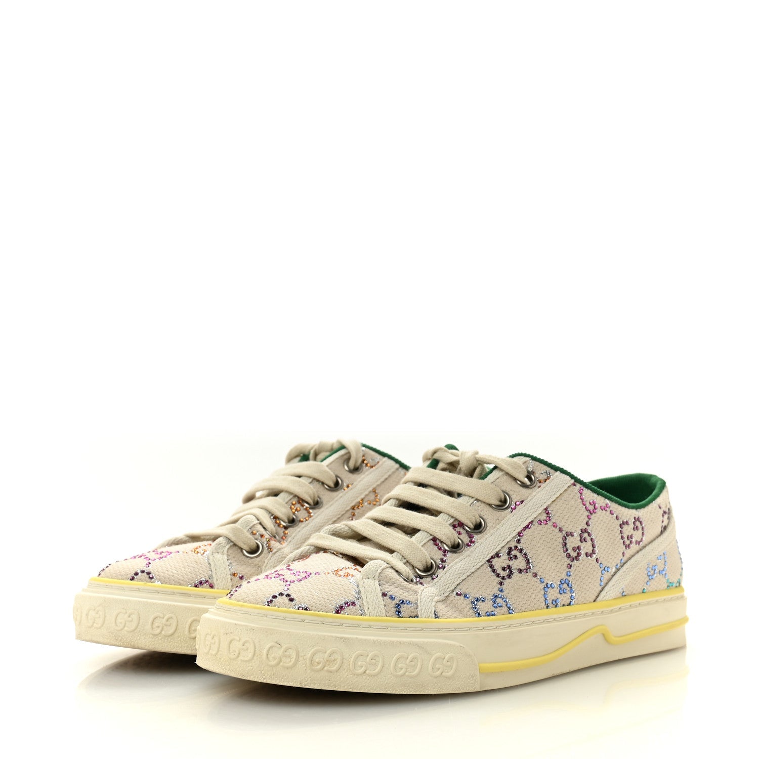 Gucci Canvas Lame Crystal GG Monogram Womens 1977 Tennis Sneakers 36 Gardenia Silver Mystic White