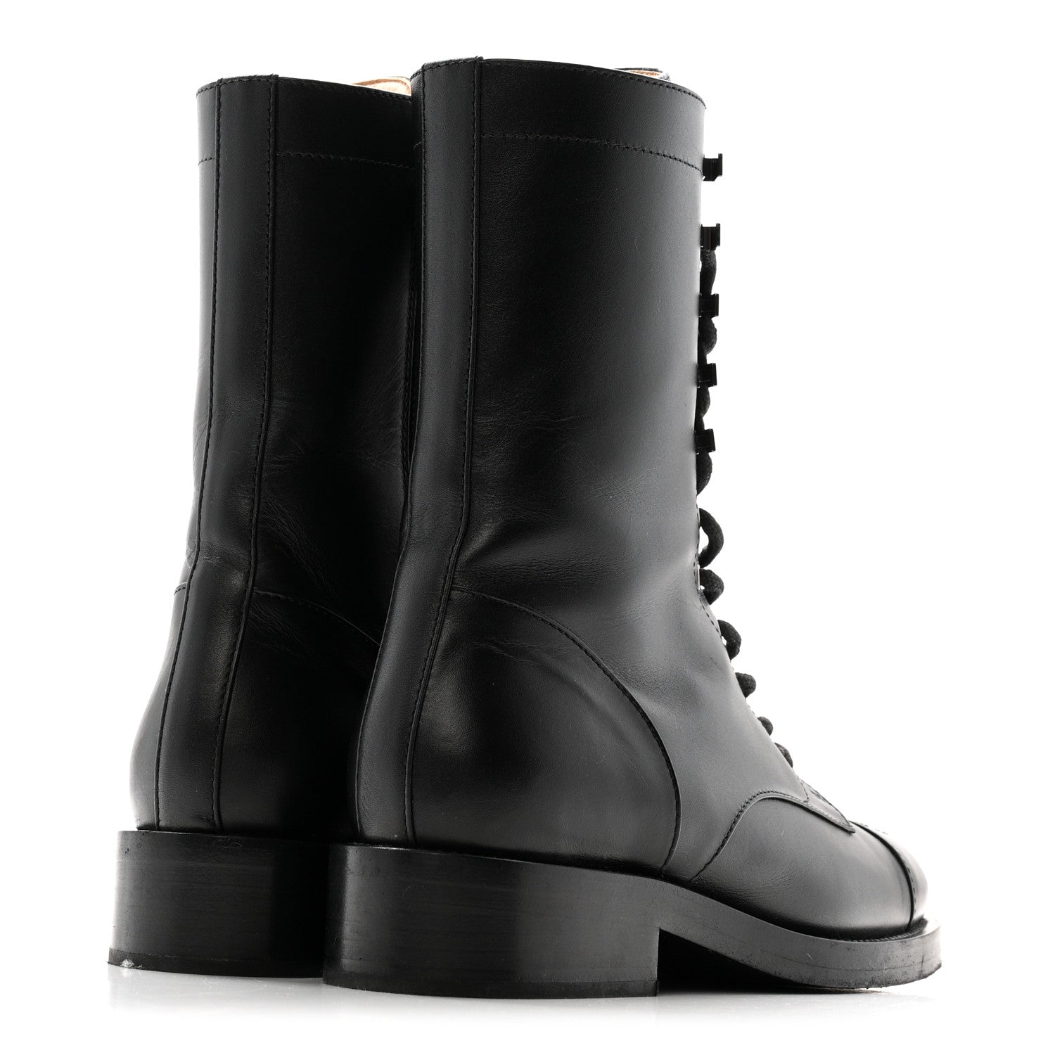 Calfskin Cap Toe Lace Up Combat Boots 38 Black