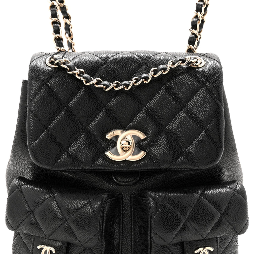 Chanel Shiny Caviar Quilted Medium Duma Pockets Drawstring Backpack Black