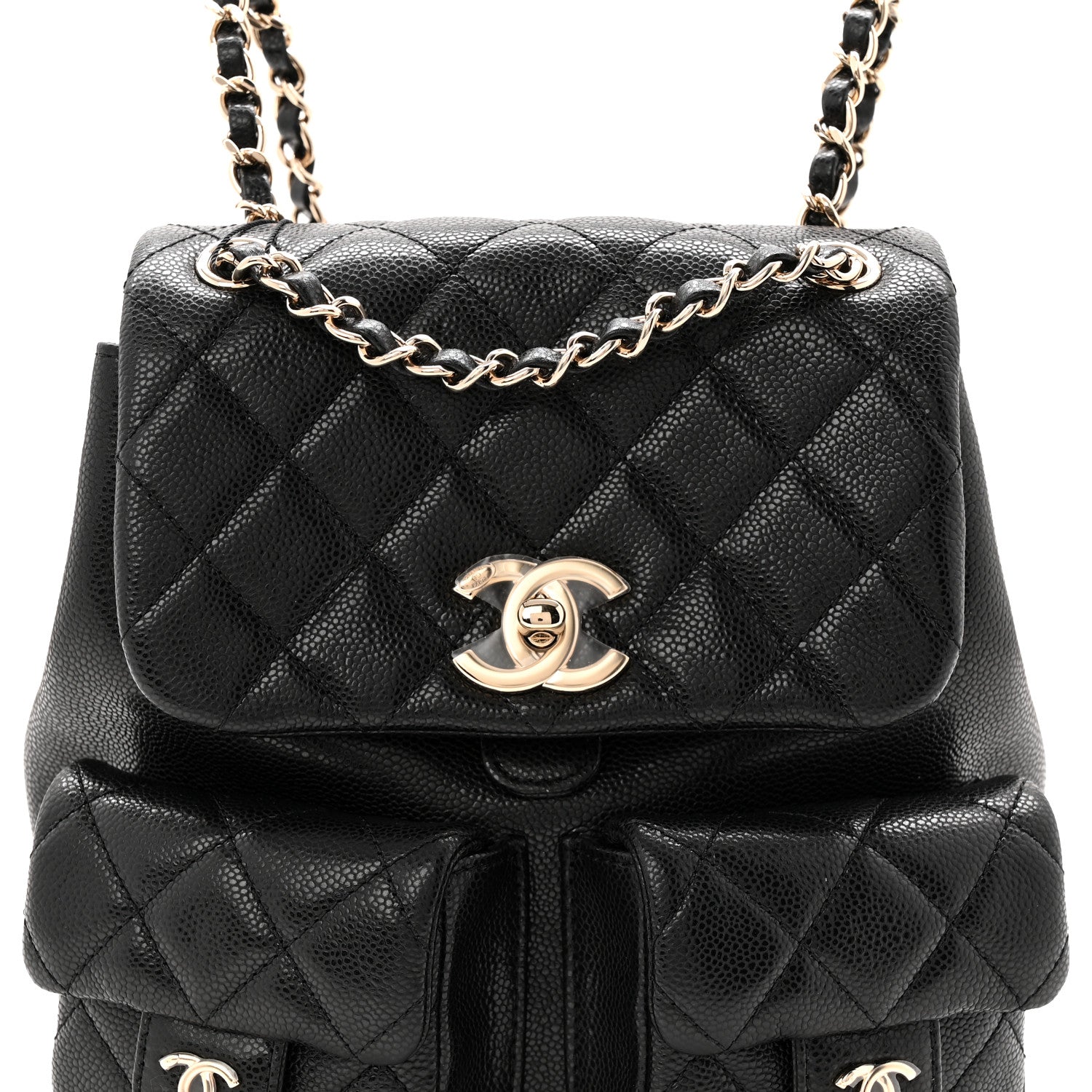 Chanel Shiny Caviar Quilted Medium Duma Pockets Drawstring Backpack Black