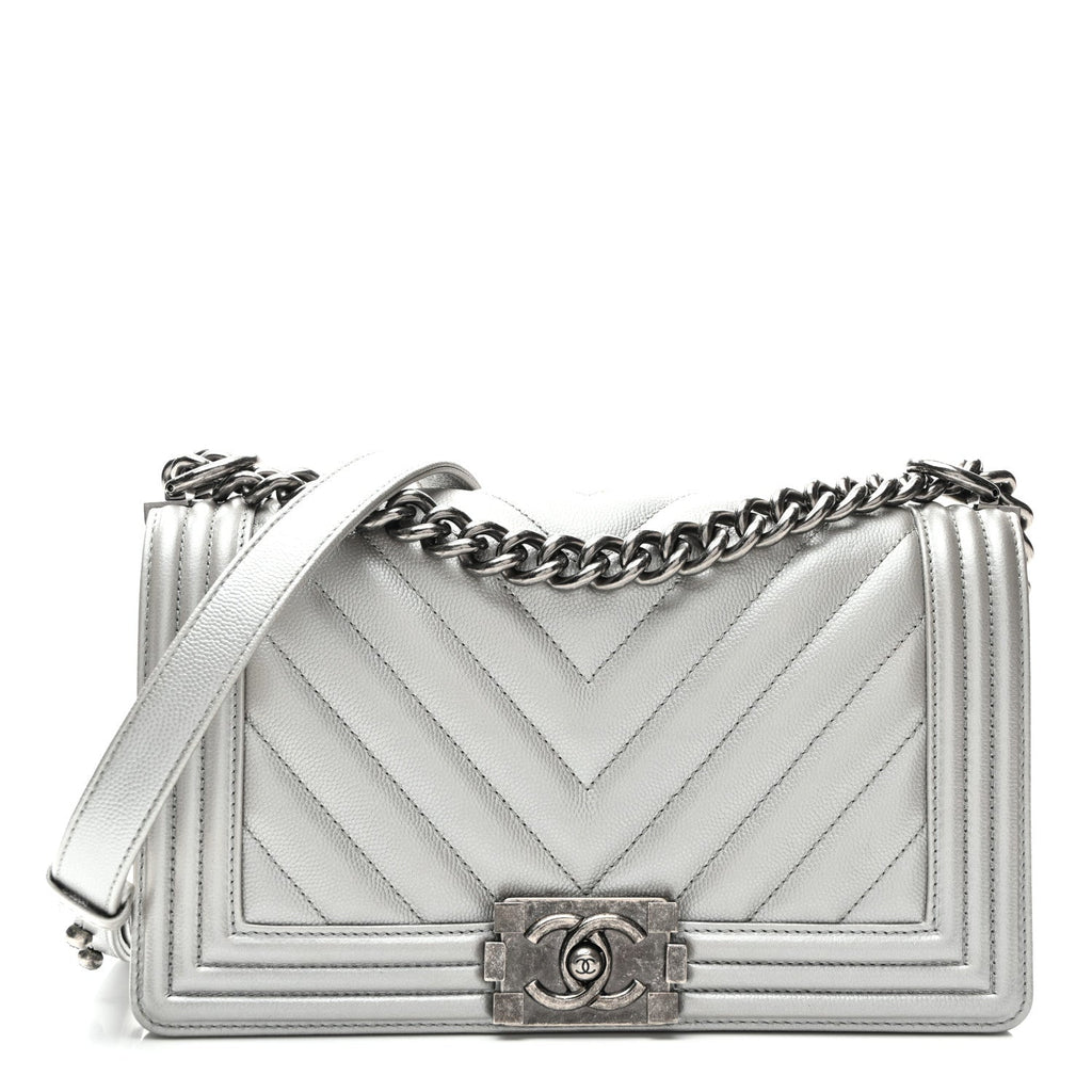 Chanel Metallic Caviar Chevron Quilted Medium Boy Flap Silver