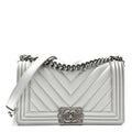 Chanel Metallic Caviar Chevron Quilted Medium Boy Flap Silver