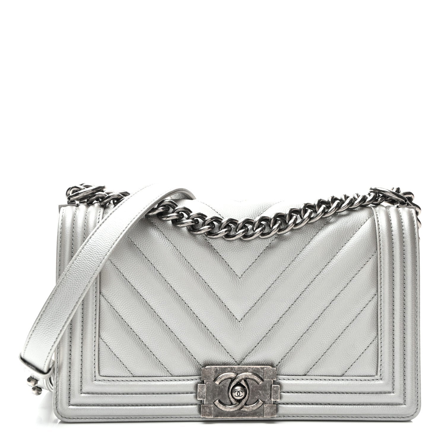 Chanel Metallic Caviar Chevron Quilted Medium Boy Flap Silver