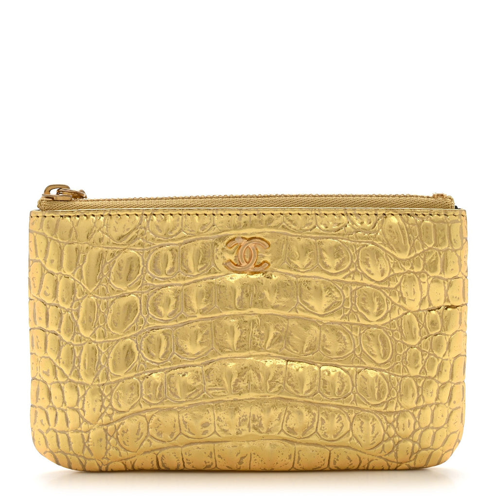 Metallic Calfskin Crocodile Embossed Cocodile Small Cosmetic Case Gold
