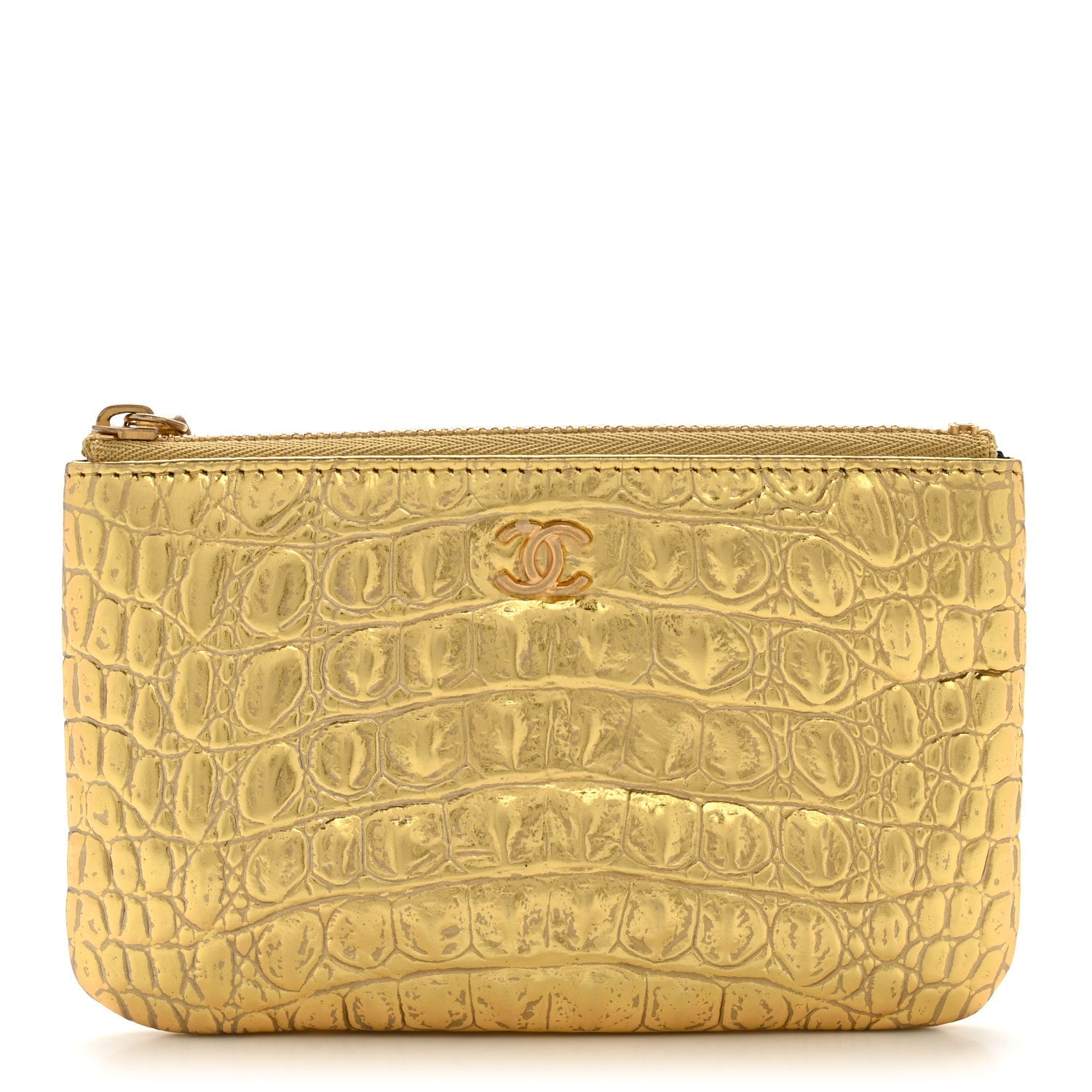 Metallic Calfskin Crocodile Embossed Cocodile Small Cosmetic Case Gold