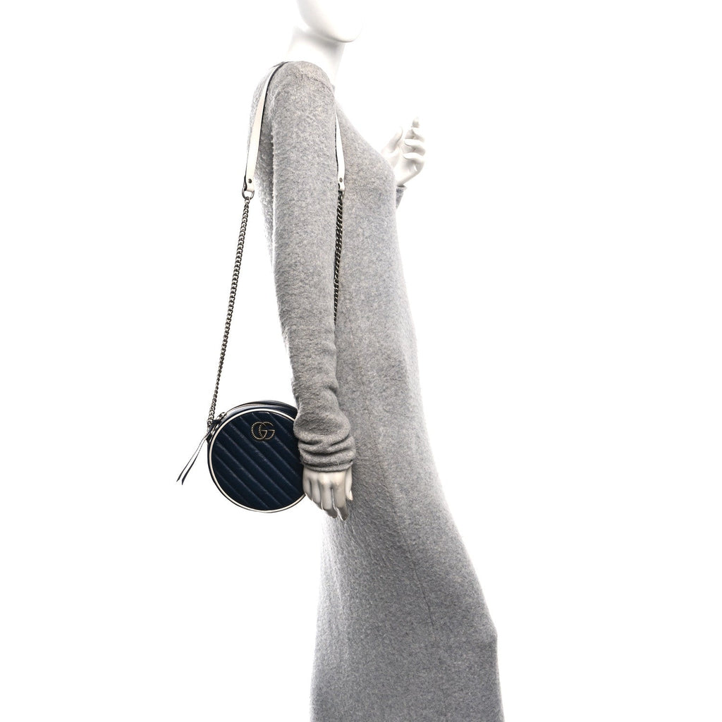 Gucci Azalea Calfskin Matelasse Diagonal Mini Torchon GG Marmont Round Shoulder Bag Blue Agata Mystic White