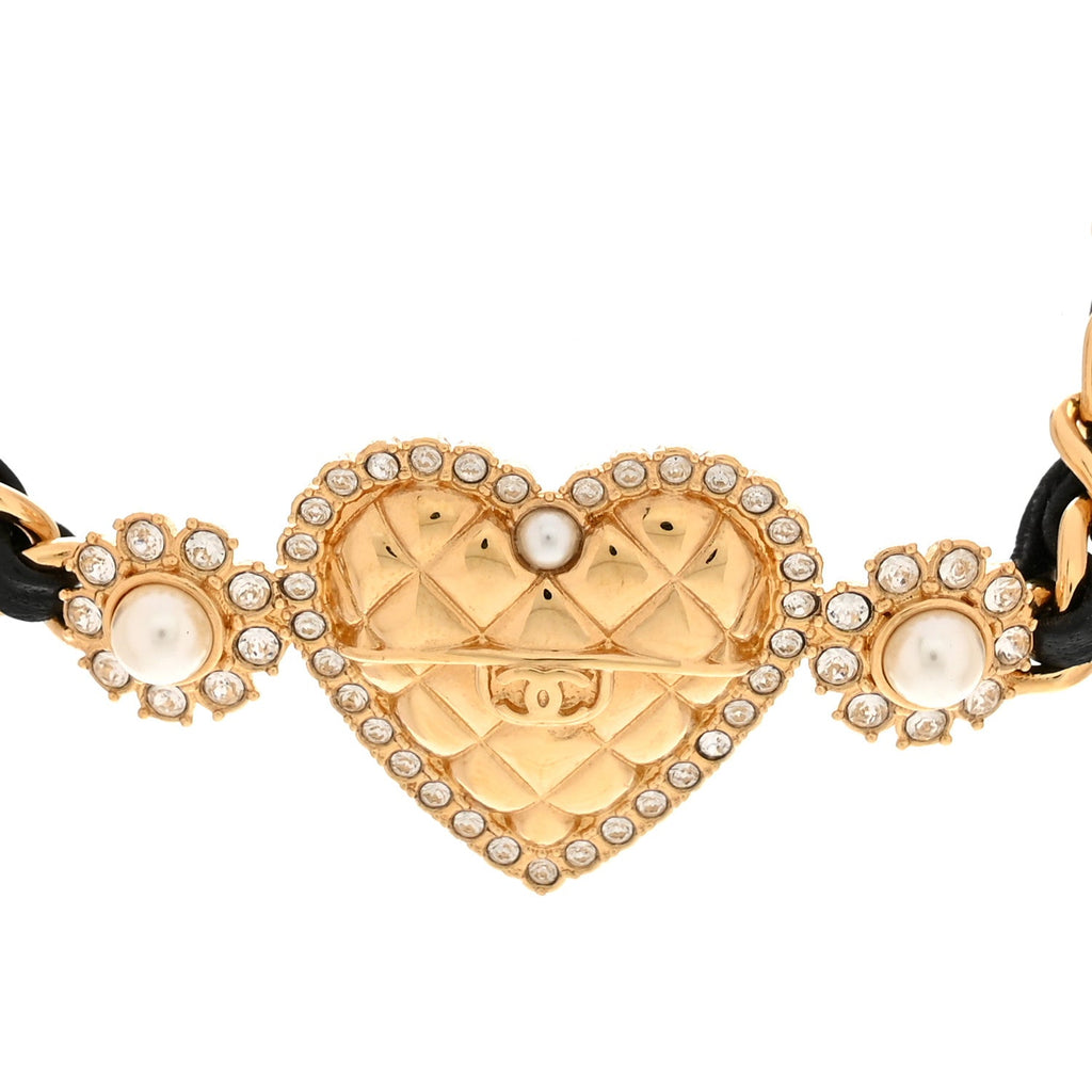 Metal Lambskin Glass Pearl Strass Heart Choker Gold Black
