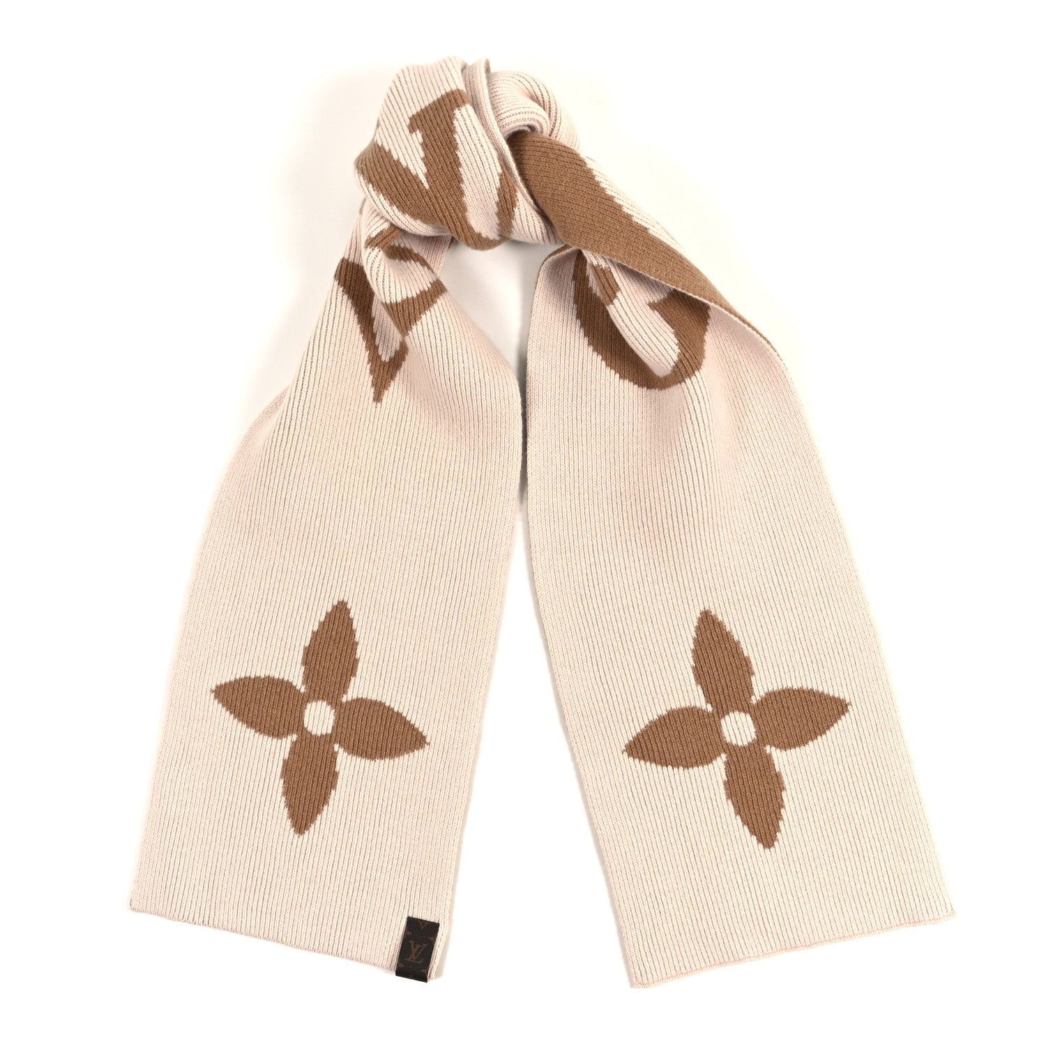 Louis Vuitton Wool Maille Knit Flight Mode LV Medallion Scarf Camel Rose