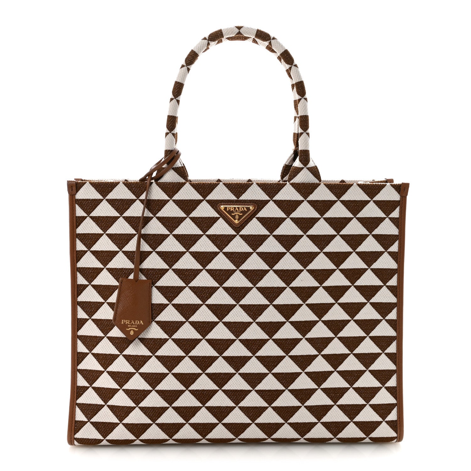 Prada Jacquard Saffiano Triangolo Symbole Embroidered Large Tote Tobacco Talco