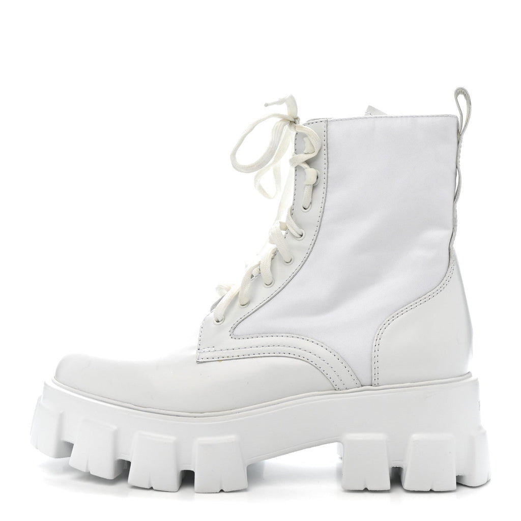Prada Spazzolato Rois Re-Nylon Metal Triangle Logo Monolith Pouch Pocket 55mm Boots 40.5 White