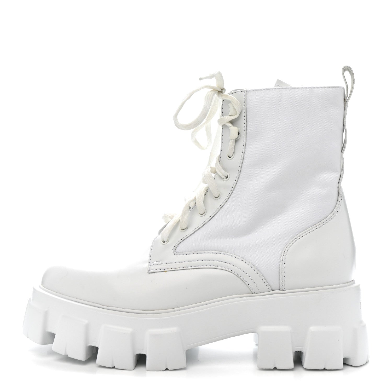 Prada Spazzolato Rois Re-Nylon Metal Triangle Logo Monolith Pouch Pocket 55mm Boots 40.5 White