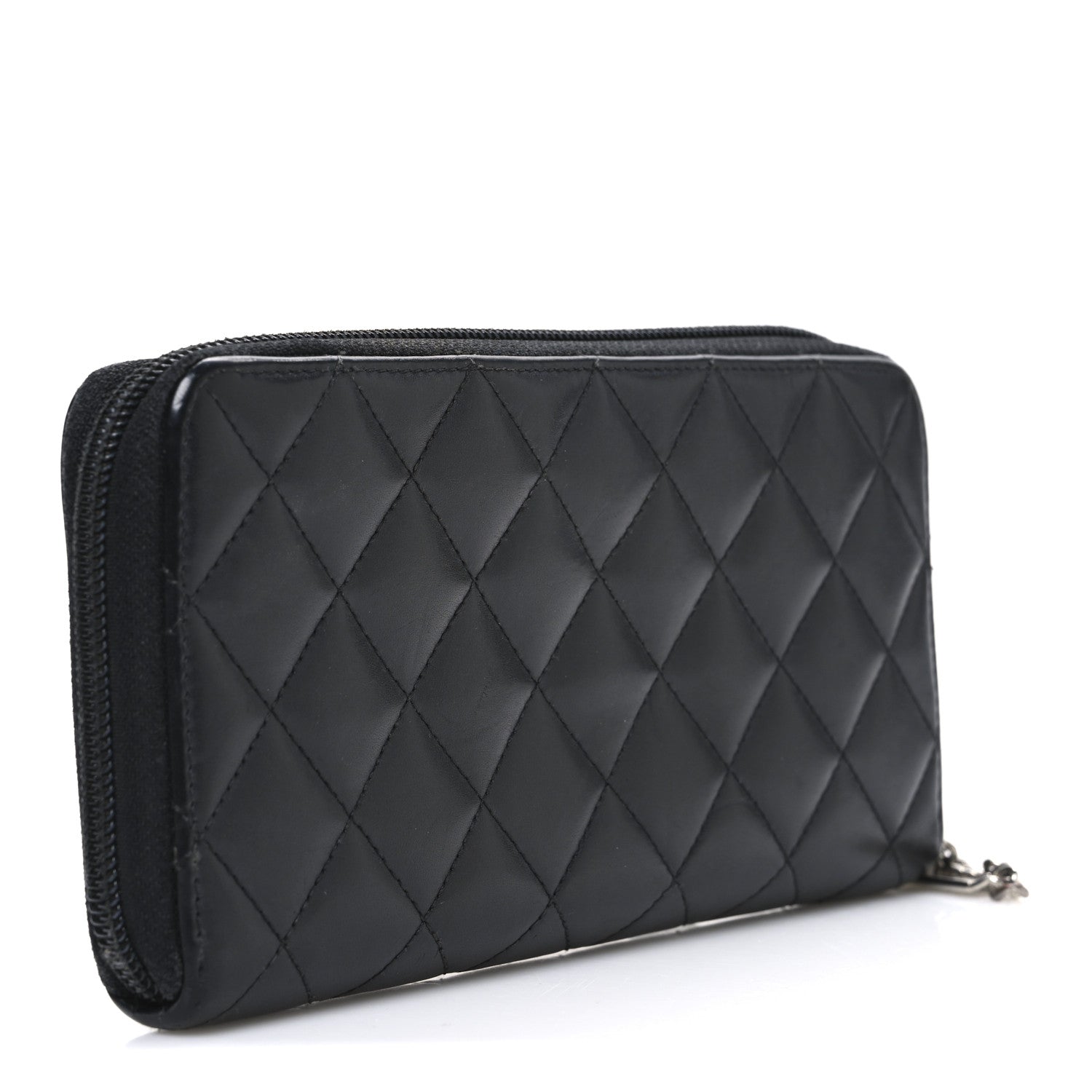 Calfskin Quilted Cambon Large Gusset Zip Around Wallet Black