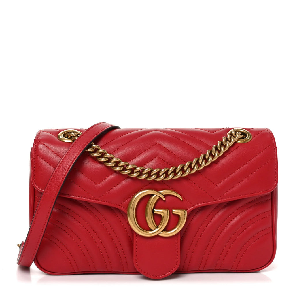 Gucci Calfskin Matelasse Small GG Marmont Shoulder Bag Hibiscus Red
