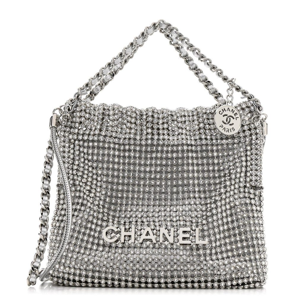 Chanel Crystal Embellished Metallic Lambskin Mini Chanel 22 Silver