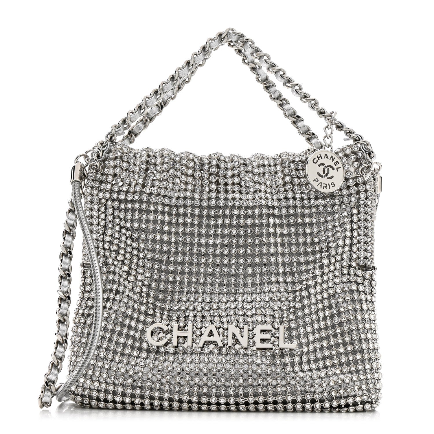 Chanel Crystal Embellished Metallic Lambskin Mini Chanel 22 Silver