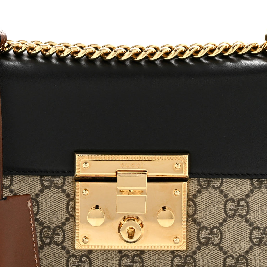 Gucci GG Supreme Monogram Calfskin Small Padlock Shoulder Bag Beige Black Cuir