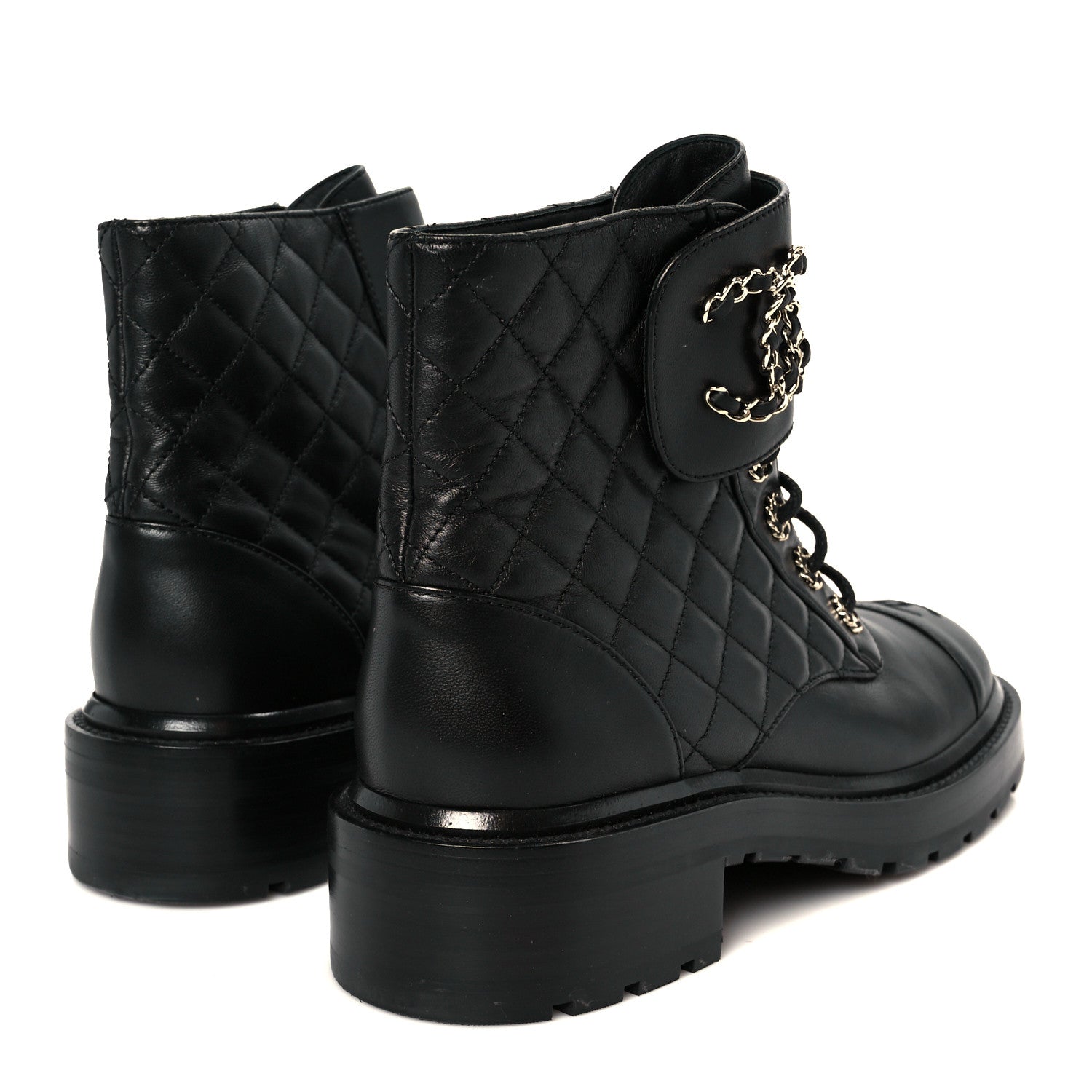 Chanel Shiny Lambskin Quilted Lace Up Combat Boots 39 Black