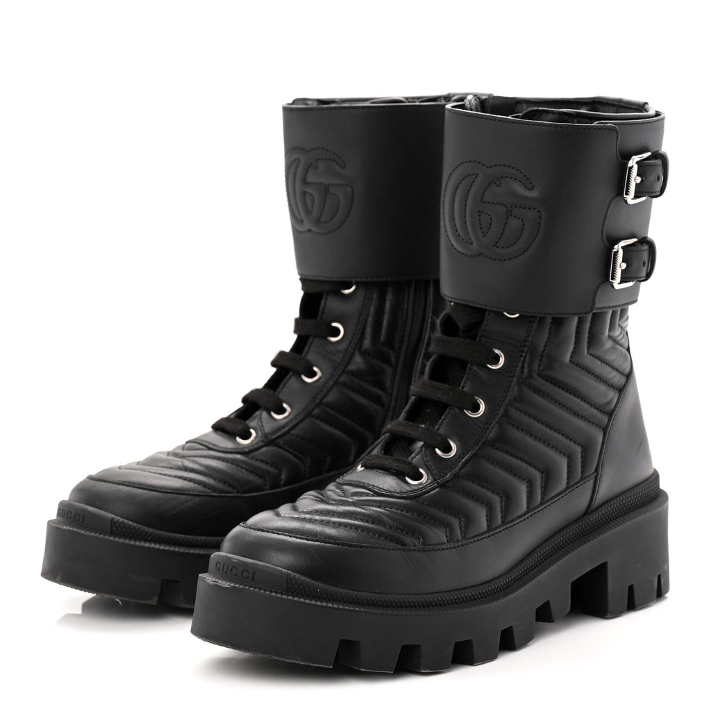 Gucci Nappa Frances GG Matelasse Platform Combat Boots 36 Black