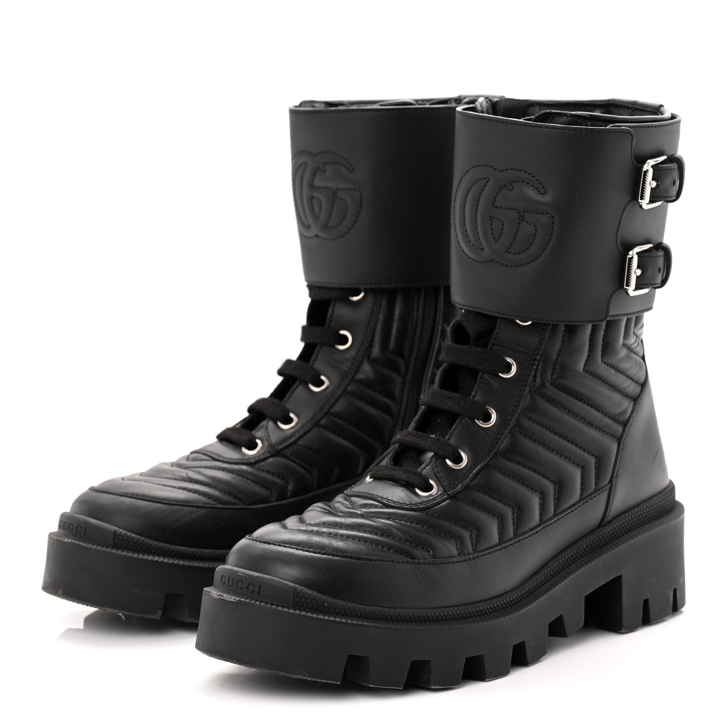 Gucci Nappa Frances GG Matelasse Platform Combat Boots 36 Black