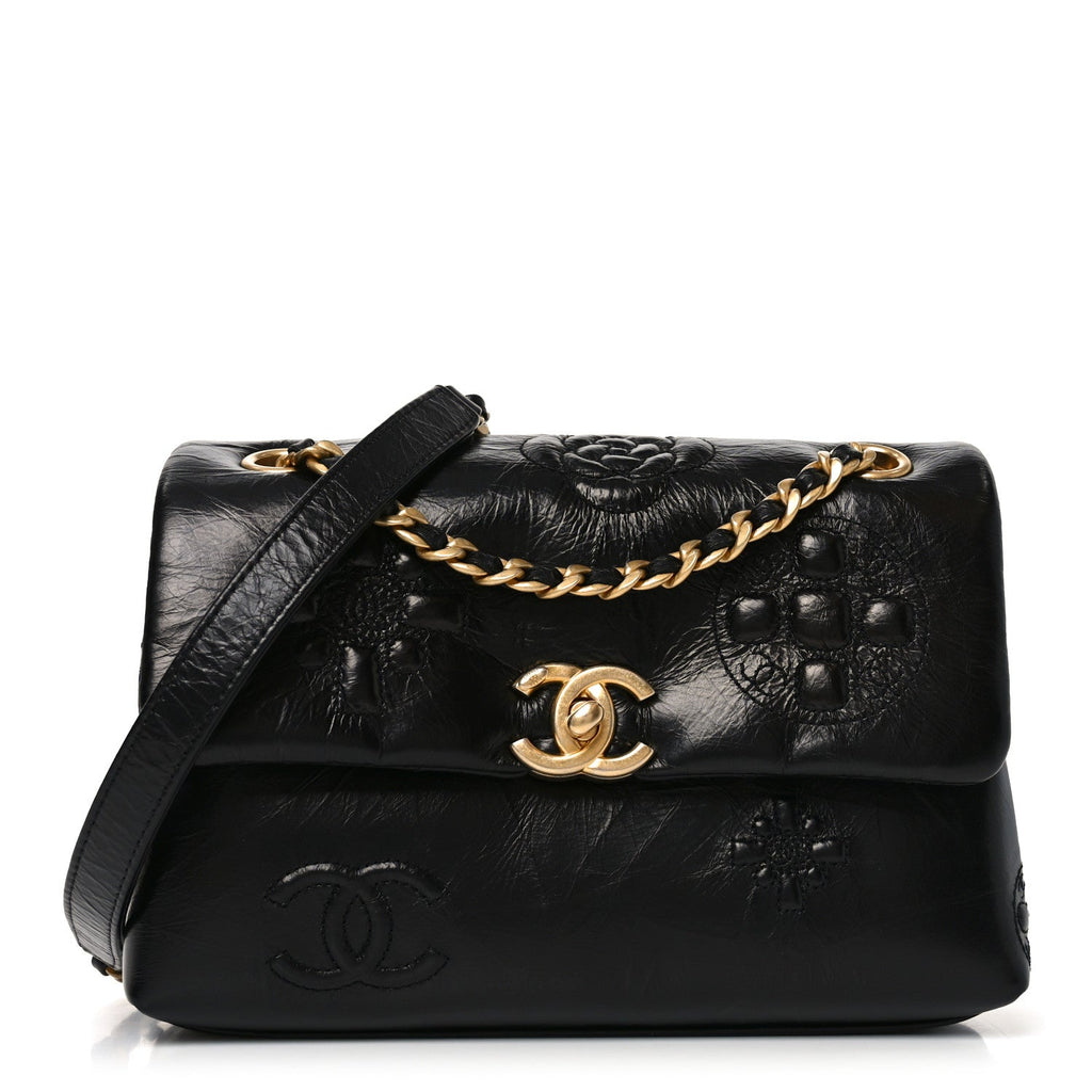Chanel Crumbled Calfskin Embossed Flap Black