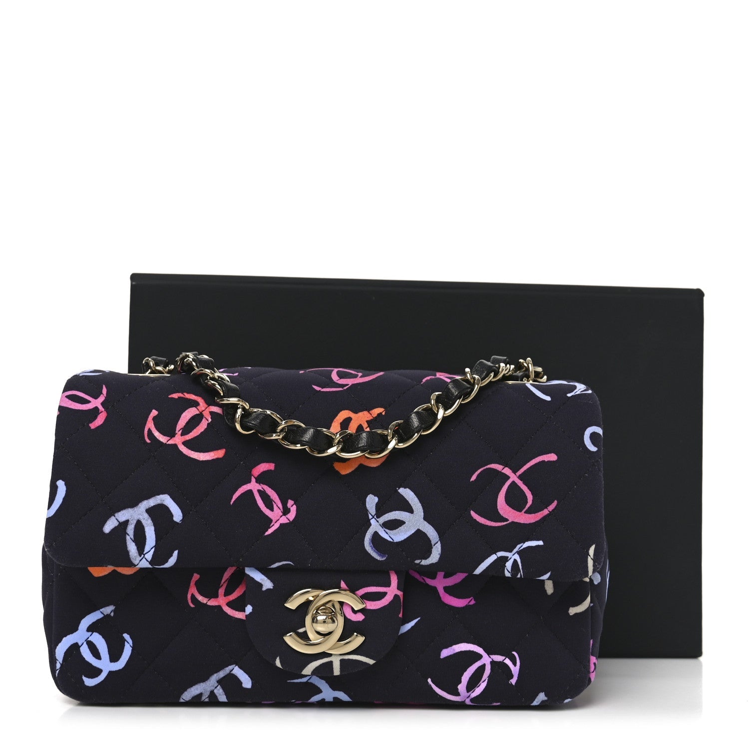 Chanel Printed Fabric Quilted Mini Rectangular Flap Black Pink Blue Yellow Orange