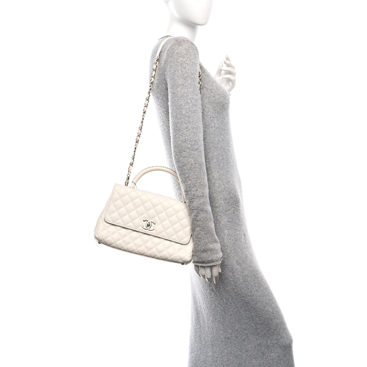Chanel Caviar Quilted Small Chain Coco Handle Flap White