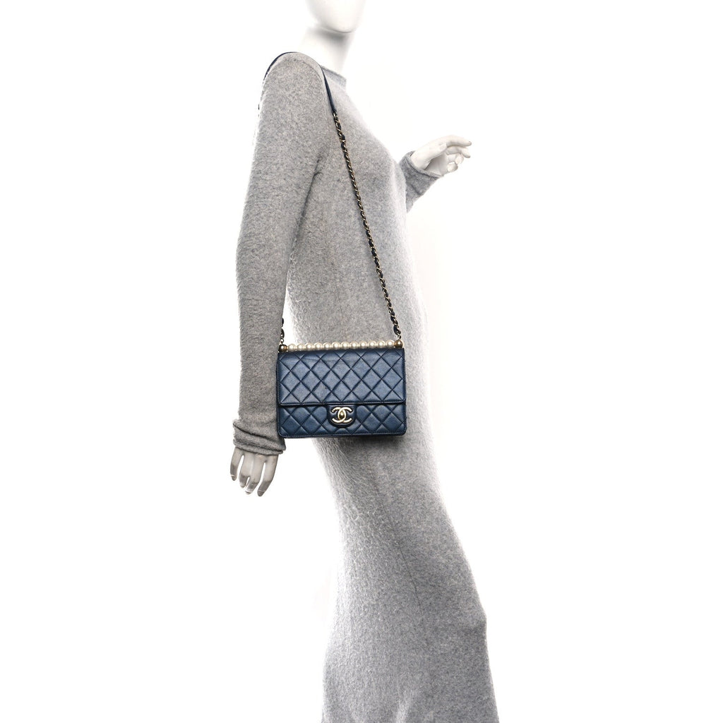 Chanel Iridescent Lambskin Quilted Small Chic Pearls Flap Blue