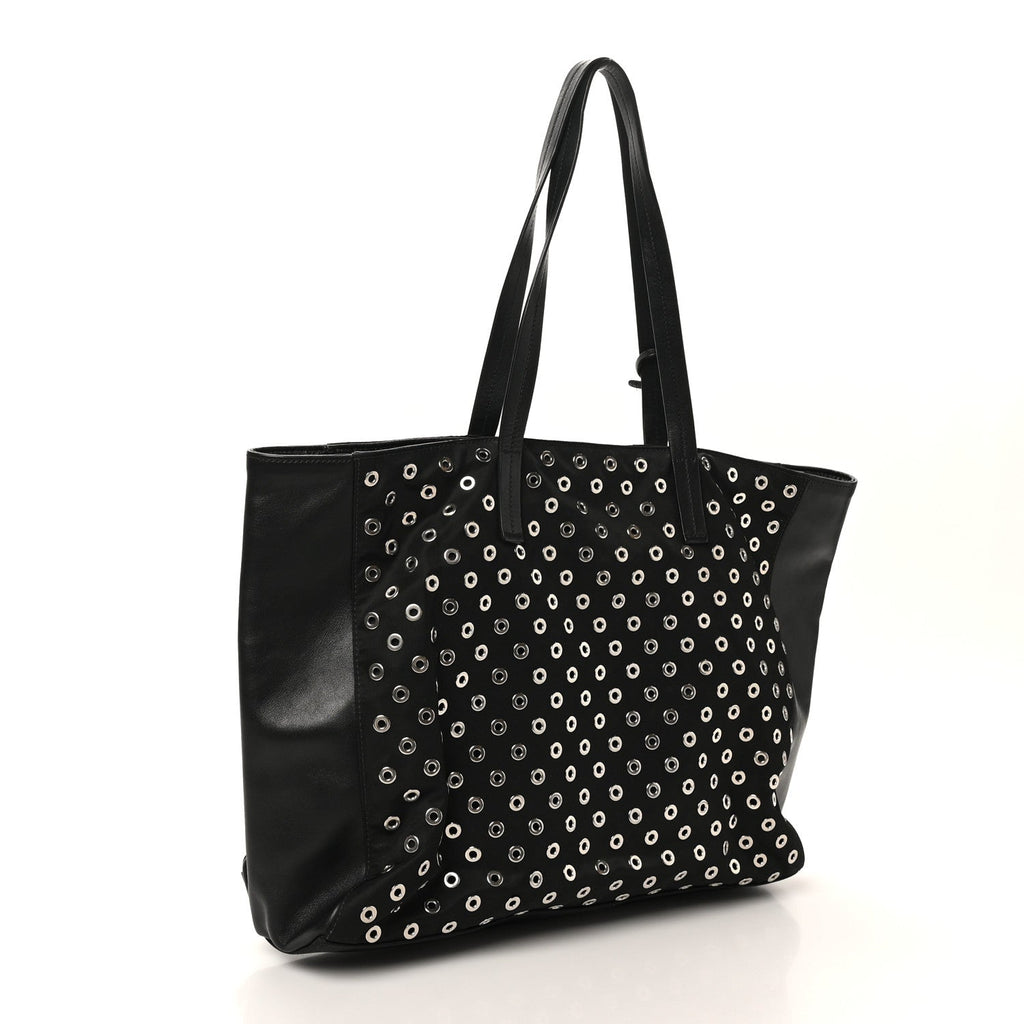 Prada Tessuto Nylon Calfskin Grommet Tote Black