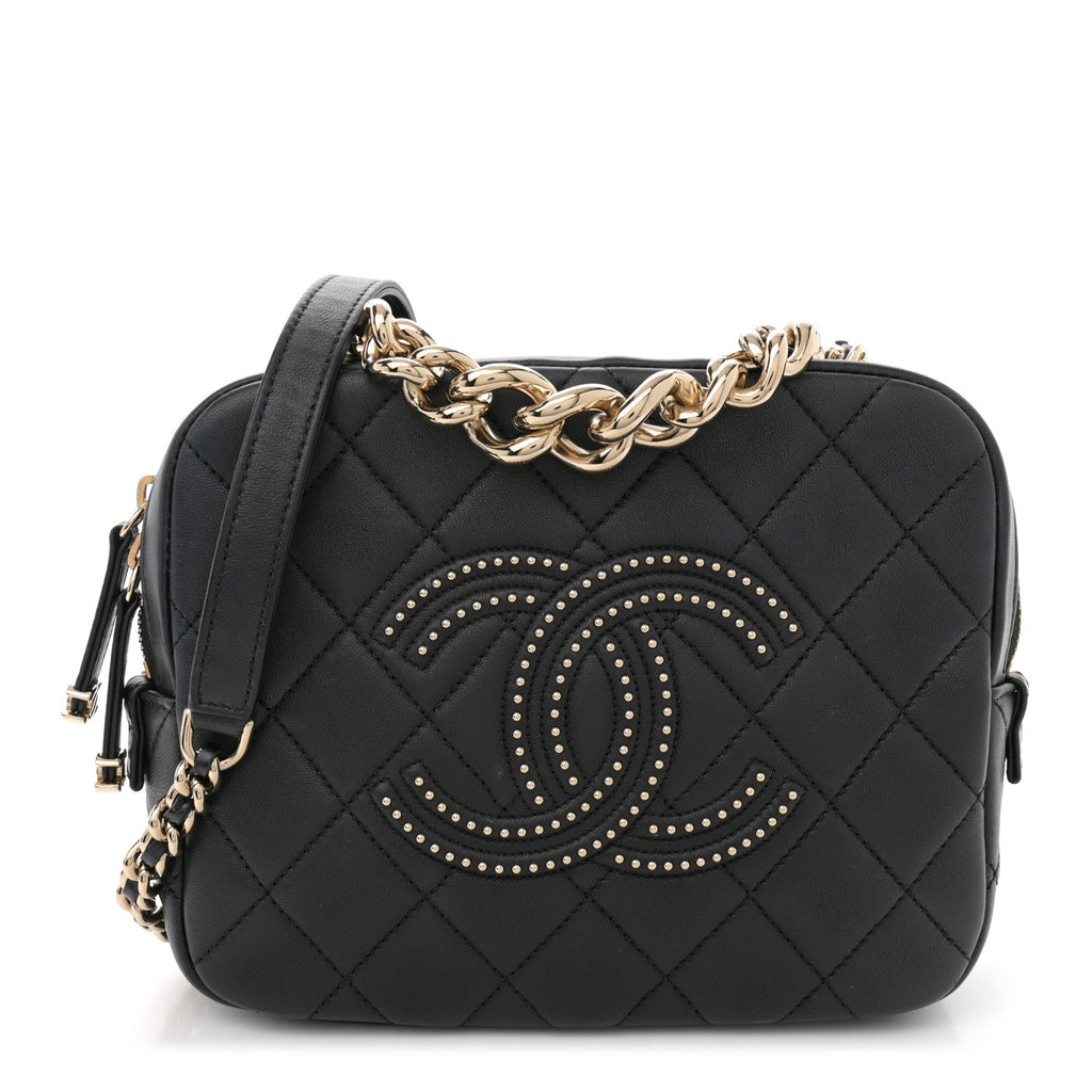 Chanel Lambskin Quilted Studded Quilted Vanity Case With Chain Black