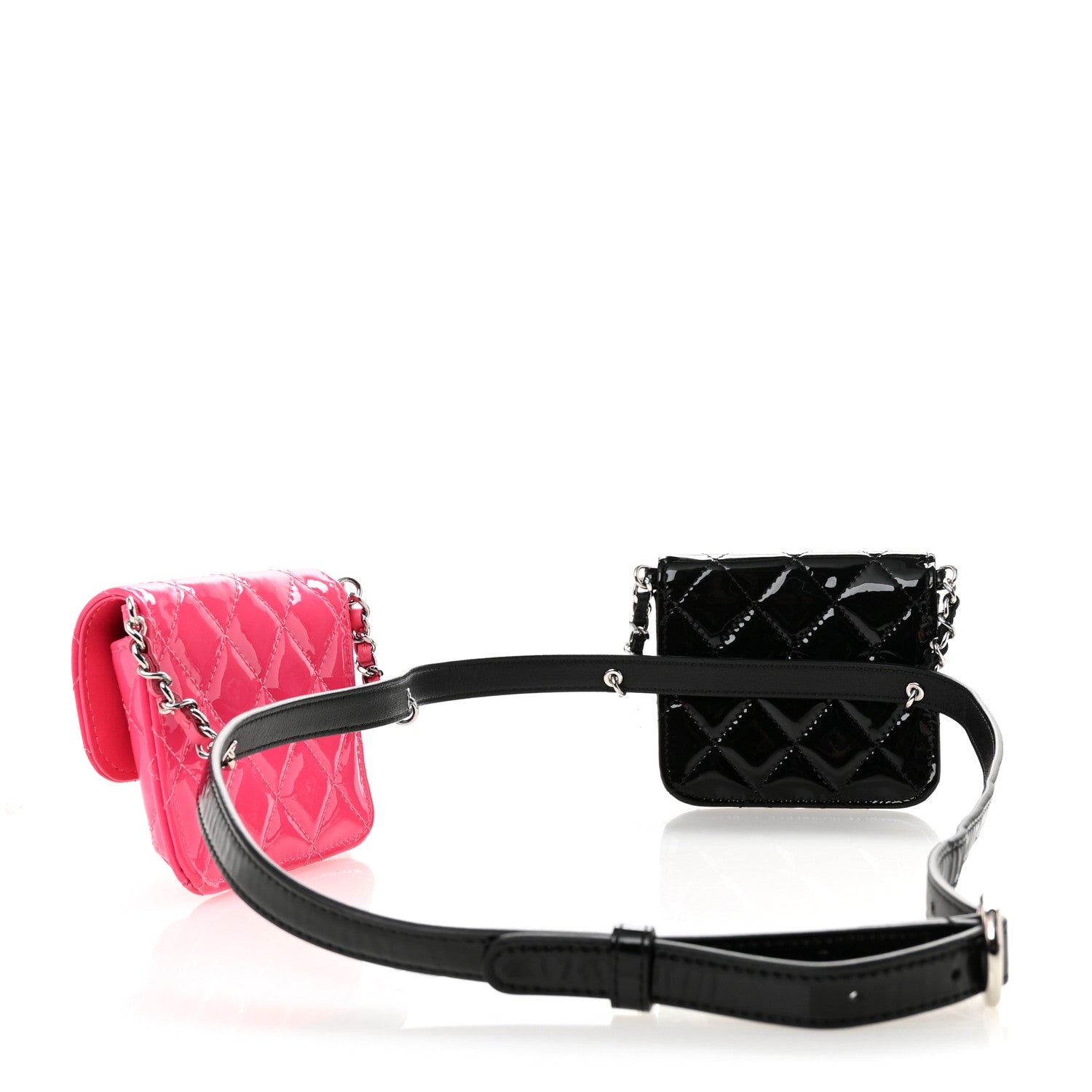 Patent Quilted Belt In Love Double Mini Flap Waist Bag Black Pink