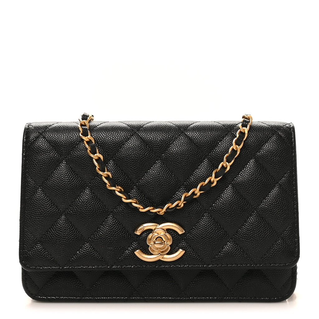 Chanel Caviar Quilted Camellia Wallet On Chain WOC Black