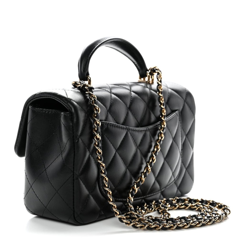 Chanel Lambskin Quilted Mini Top Handle Rectangular Flap Black