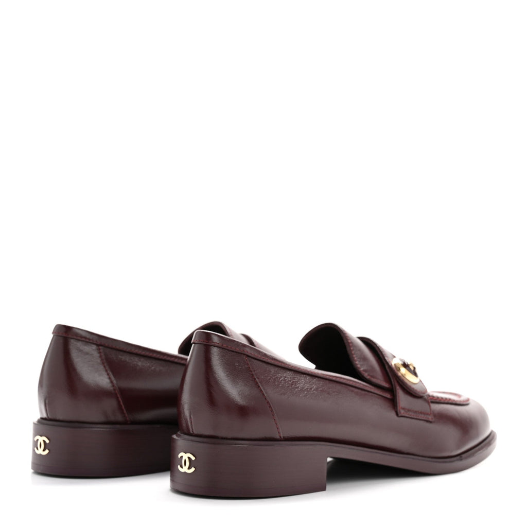 Chanel Shiny Calfskin CC Mocassin Loafers 39 Burgundy