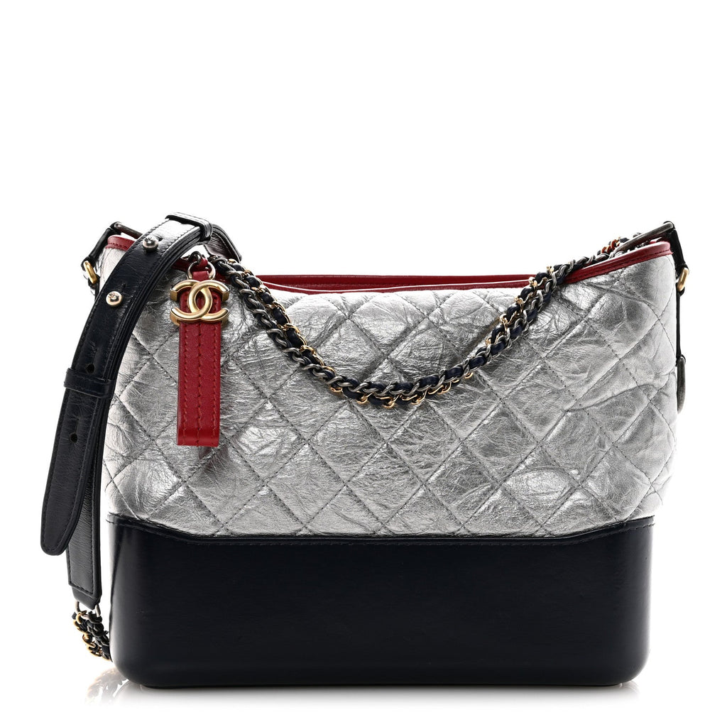 Chanel Metallic Aged Calfskin Quilted Medium Gabrielle Hobo Silver Navy Red