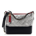 Chanel Metallic Aged Calfskin Quilted Medium Gabrielle Hobo Silver Navy Red