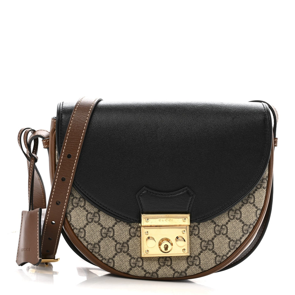 Gucci GG Supreme Monogram Calfskin Small Padlock Messenger Shoulder Bag Beige Black Cuir
