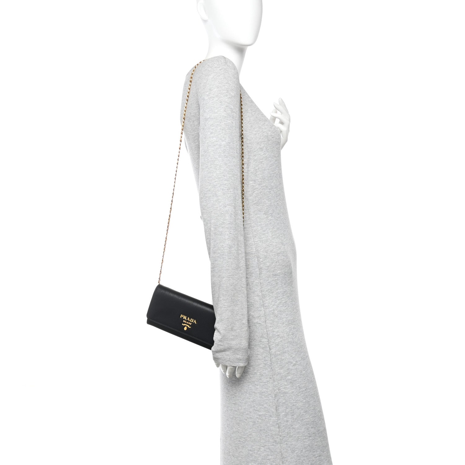 Prada Vitello Move Metal Oro Chain Wallet Black