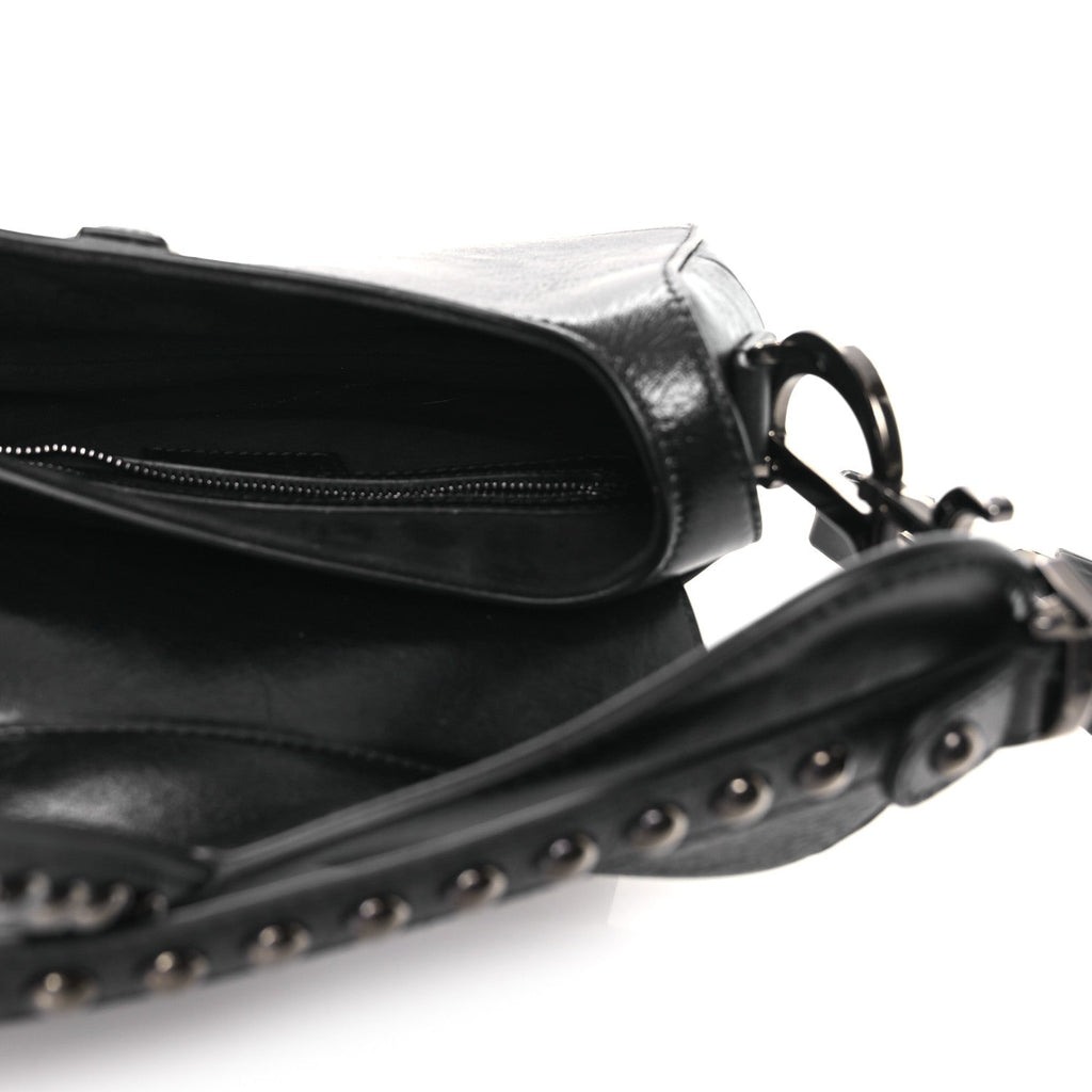 Christian Dior Shiny Crinkled Calfskin Studded Saddle Bag Black