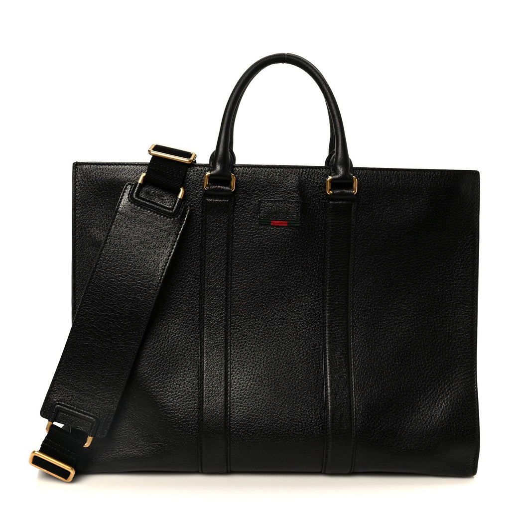 Gucci Grained Calfskin Web Top Handle Tote Black