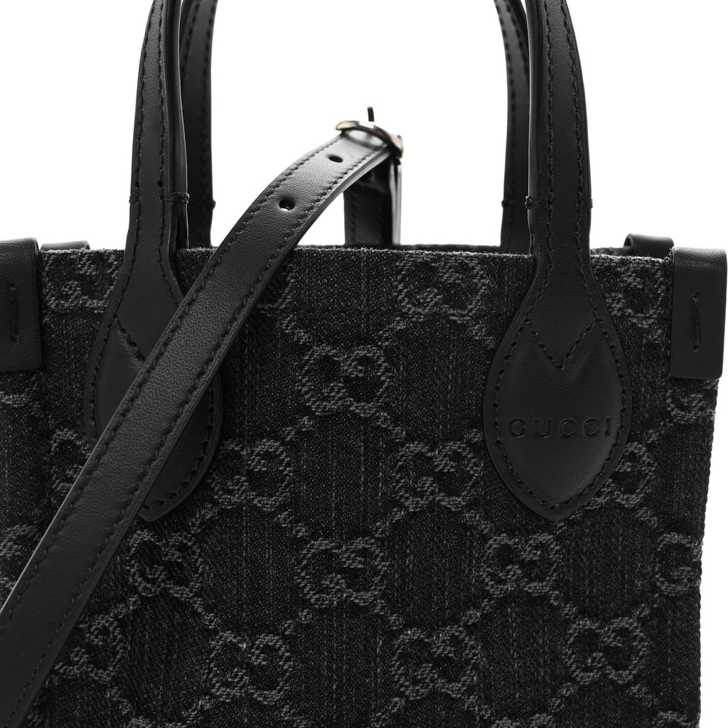 Gucci Denim Cuoio Harness GG Monogram Mini Ophidia Tote Bag  Black Medium Grey