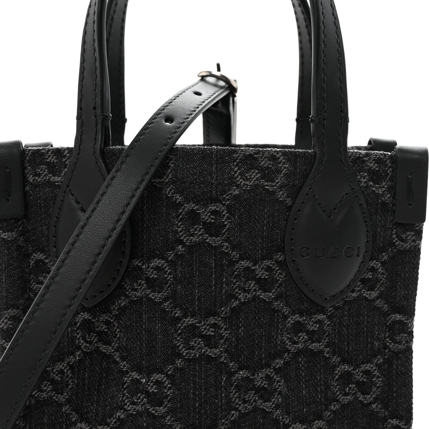Gucci Denim Cuoio Harness GG Monogram Mini Ophidia Tote Bag  Black Medium Grey