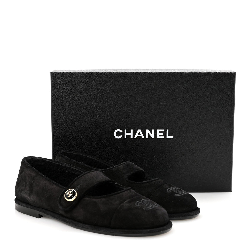 Chanel Suede Cap Toe CC Mary Jane Flats 37 Black