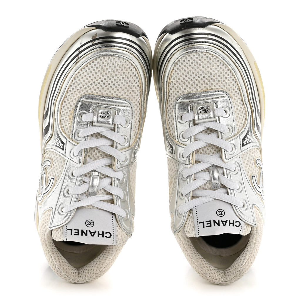 Fabric Laminated Calfskin Stretch CC Sneakers 36 White Silver