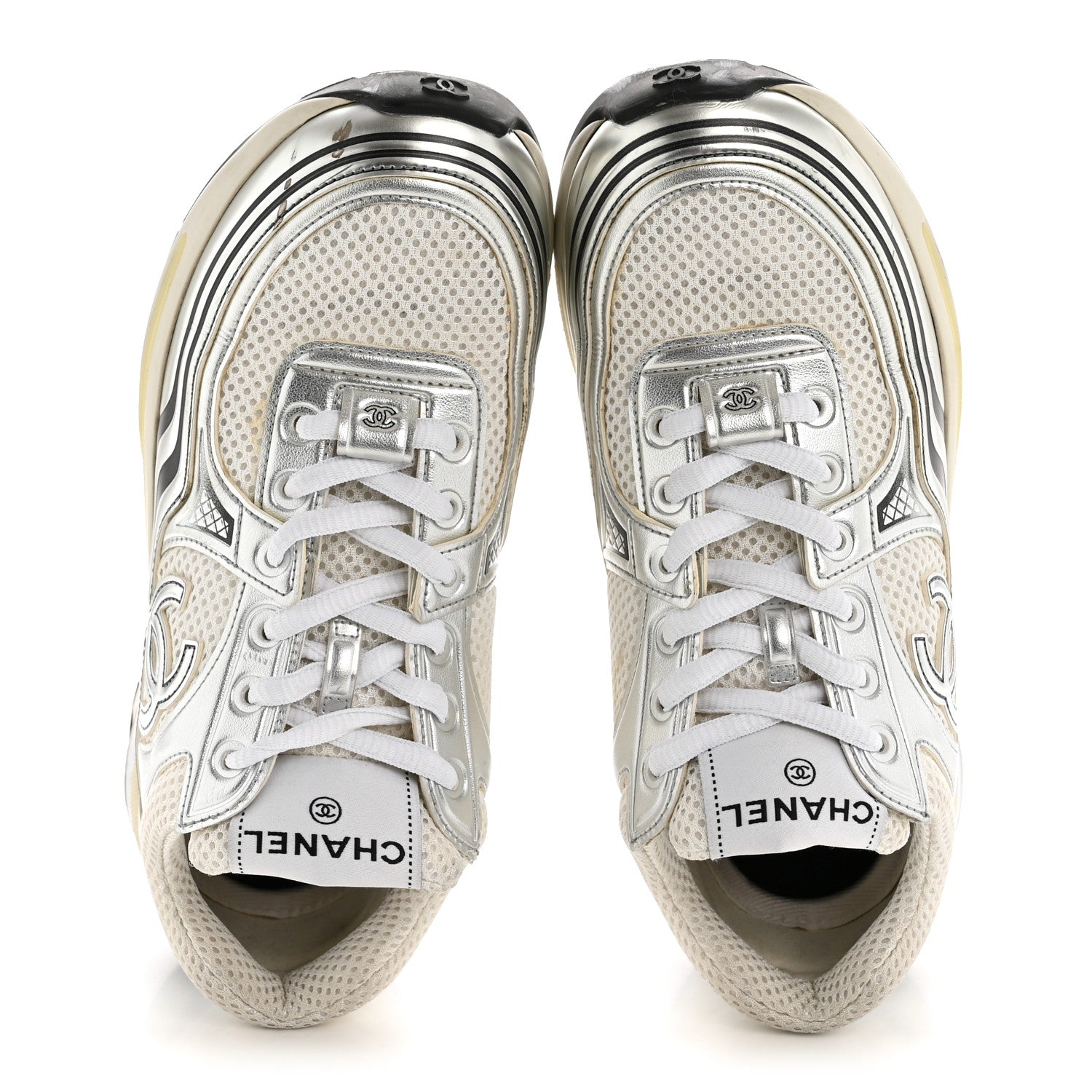Fabric Laminated Calfskin Stretch CC Sneakers 36 White Silver